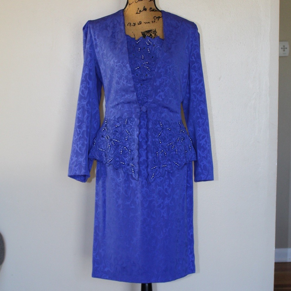 Vintage 80s In The Mood Blue Satin Embossed Pencil Skirt Blouse Set Women’s S